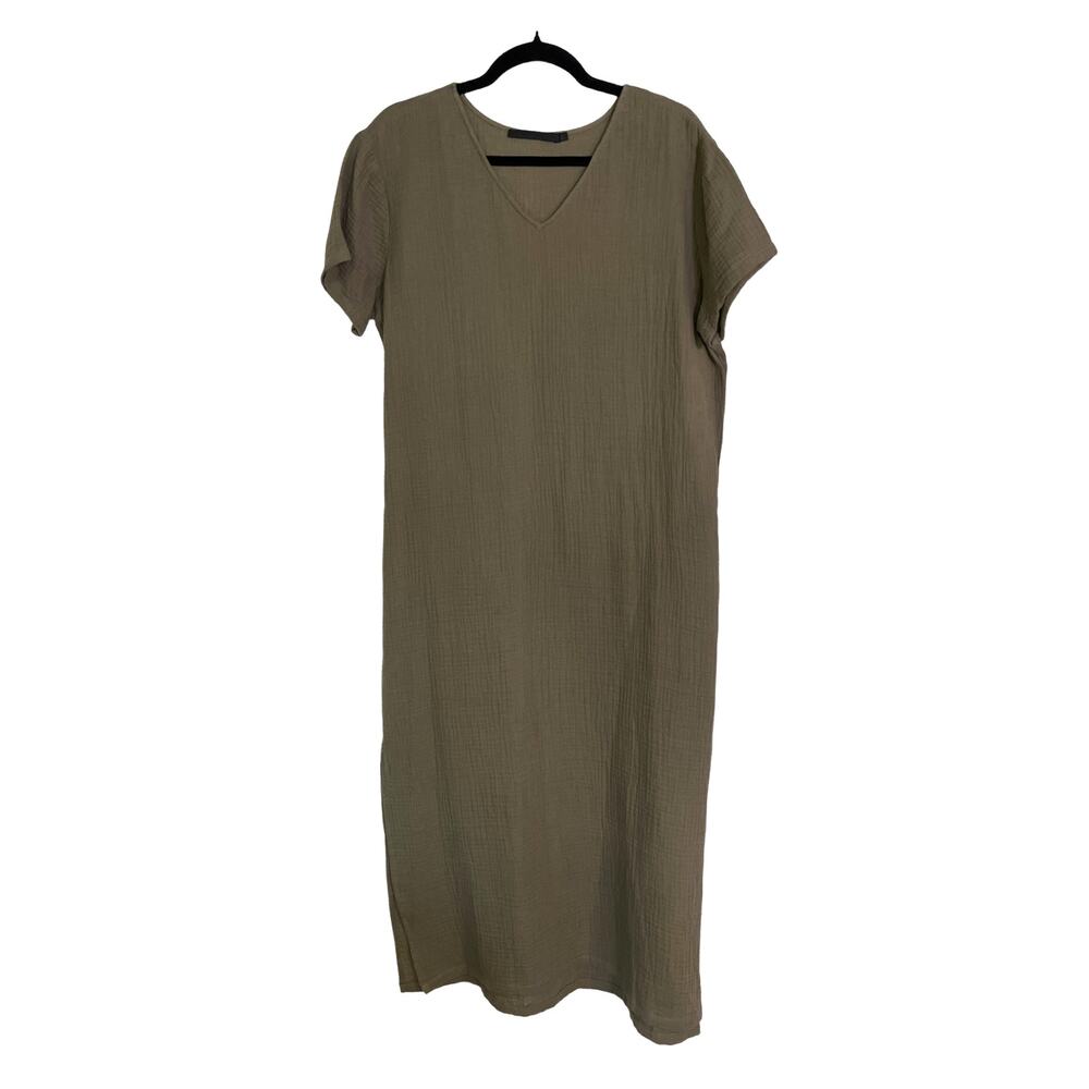 Jenni Kayne 100% Cotton Gauze Maxi Dress Olive Green V-Neck Size Small